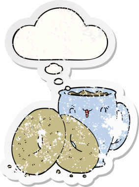 Üzüntülü bir çıkartma olarak düşünce balonlu orijinal çizgi film kahve ve çörekler.