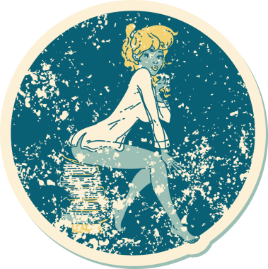 Orijinal ikonik sıkıntı çıkartmalı dövme stili resimli kitapların üzerinde oturan bir kız.