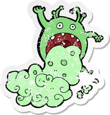 Orijinal gerilim dolu karikatür çıkartması iğrenç bir canavarın hasta olması.