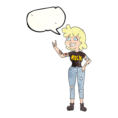 Orijinal serbest konuşma balonu. Çizgi film karakterli rock kızı.