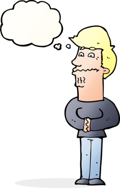 Düşünce baloncuğu olan asabi bir adam.