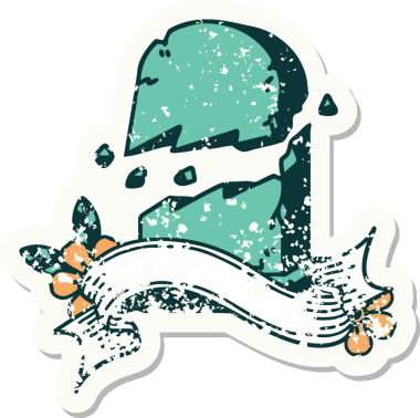 Kırık mezar taşı pankartıyla eski püskü bir etiket.