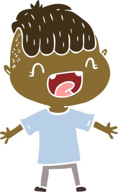 Orijinal düz renkli çizgi film mutlu çocuk gülüyor.