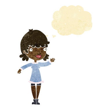 Düşünce baloncuğuyla el sallayan orijinal çizgi film kadını.