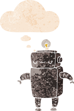 Düşünce baloncuklu orijinal çizgi film robotu grunge sıkıntı retro desenli stil