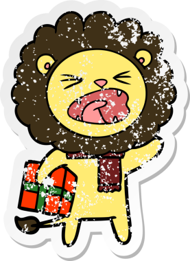 Noel hediyeli karikatür aslanının orijinal üzgün çıkartması.