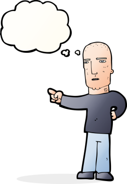 Düşünce baloncuğuyla işaret eden sert çocuk.