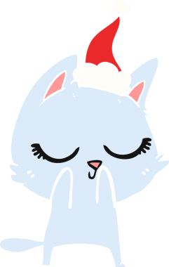 Orijinal sakin el çizimi Noel Baba şapkası takan bir kedinin düz renk çizimi