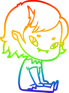 Orijinal gökkuşağı gradyan çizgi çizimi. Dost canlısı vampir kız oturdu.