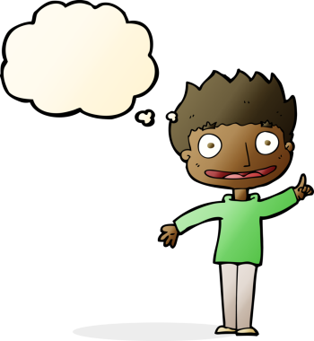 Düşünce baloncuğu olan mutlu çocuk.