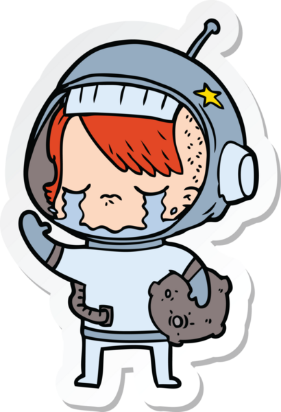 Ağlayan astronot kızın kaya örneği taşıyan orijinal çıkartması.