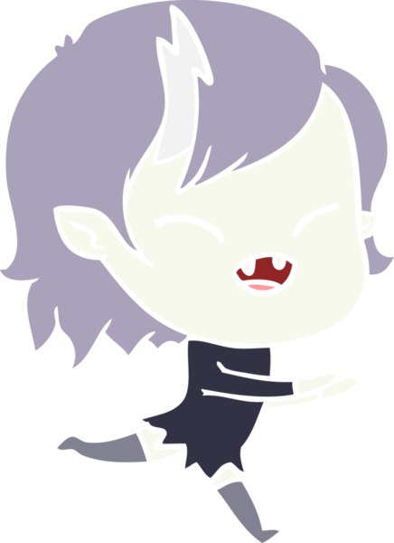 Orijinal düz renkli çizgi film, gülen vampir kız koşuyor.