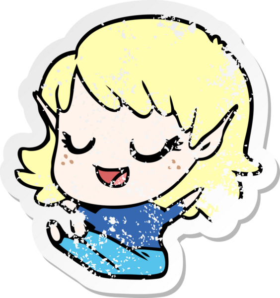 Mutlu bir elf kızının orijinal üzgün çıkartması oturuyor.