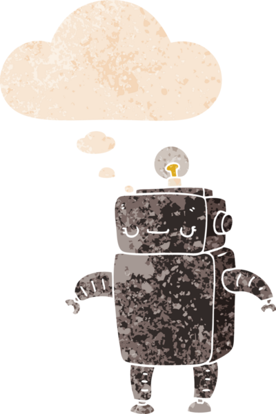 Düşünce baloncuklu orijinal çizgi film robotu grunge sıkıntı retro desenli stil