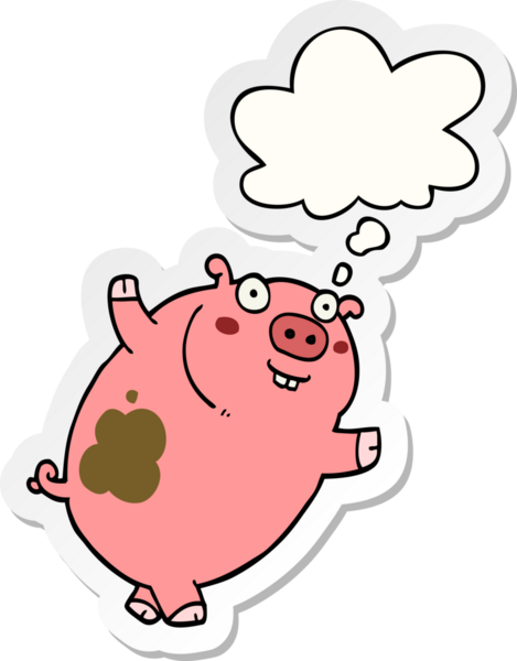 Yazılı çıkartma olarak düşünce baloncuğu olan orijinal çizgi film domuzu.