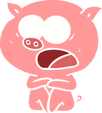 Orijinal şok olmuş düz renkli çizgi film domuzu oturuyor.