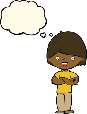 Düşünce baloncuğu ile çapraz kollu orijinal çizgi film adamı