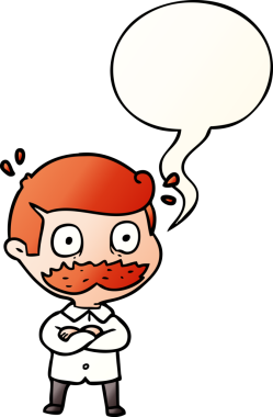 Bıyıklı orijinal karikatür adam düzgün bir şekilde konuşma baloncuğuyla şok oldu.