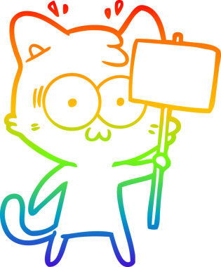 Orijinal gökkuşağı gradyan çizgi çizimi Bir çizgi film sürpriz kedi el sallama işareti