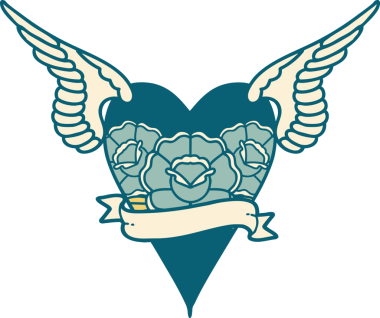 Orijinal ikonik dövmeli uçan bir kalbin çiçek ve bayrağı.