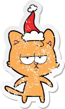 Orijinal sıkılmış el çizimi Noel Baba şapkası takan bir kedinin çıkartması.