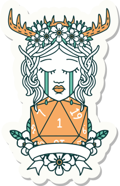 Üzgün bir Elf Druid karakterinin orijinal çıkartması. Doğal bir D20 rulo.