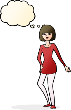 Düşünce baloncuklu orijinal karikatür kadın.