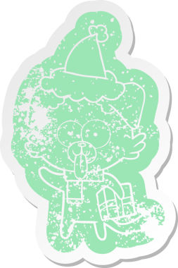 Orijinal, tuhaf çizgi film Noel Baba şapkası takan köpek çıkartması.