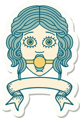 Orjinal dövme stili etiketi. Üzerinde kadın yüzü yazılı. Ağız tıkacı takıyor.