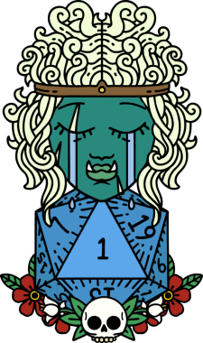 Orijinal Retro Tattoo Tarzı üzgün ork barbar karakter yüzü ve doğal bir d20 rulo