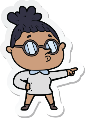 Çizgi filmdeki gözlüklü bir kadının orijinal çıkartması.