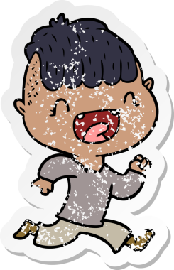 Çizgi filmin orijinal üzgün çıkartması. Mutlu çocuk gülüyor ve kaçıyor.