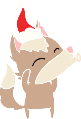 Orijinal uluyan kurt eli Noel Baba şapkası giymiş birinin düz renk çizimi.