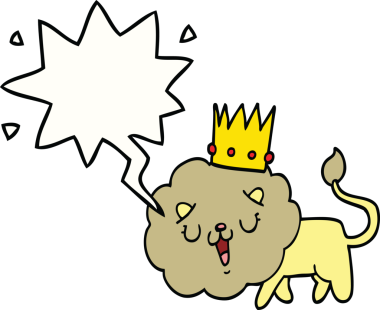 Konuşma baloncuklu taçlı orijinal çizgi film aslanı.