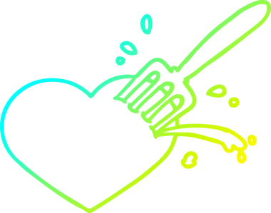 Çatalla saplanmış bir aşk kalbindeki karikatür çiziminin orjinal soğuk eğim çizgisi.