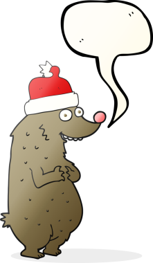 Orijinal serbest konuşma balonu çizgi film ayısı Noel şapkası takıyor.