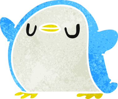 Orijinal retro çizgi film çizimi, sevimli bir penguenin kawaii 'si.