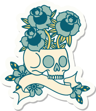 Kafatası ve güllerin bayrağıyla orijinal dövme stili çıkartması