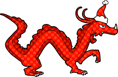 Orijinal el çizimi çizgi roman tarzı Noel Baba şapkası takan bir ejderha.