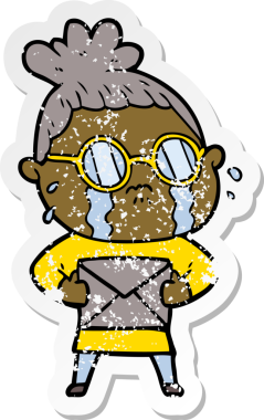 Gözlüklü, ağlayan bir karikatürdeki orijinal üzgün kadın çıkartması.