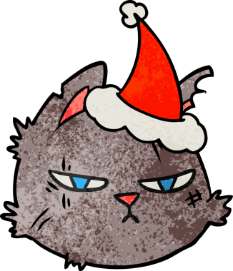 Orijinal el çizimi, sert kedi suratlı, Noel Baba şapkalı bir karikatür.