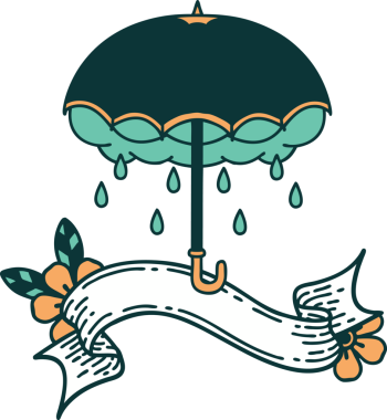 Orijinal geleneksel dövme, şemsiye ve fırtına bulutu pankartıyla.