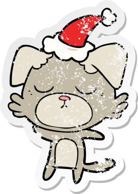 Orijinal şirin el çizilmiş. Noel Baba şapkası takan bir köpeğin çizilmiş çıkartması.