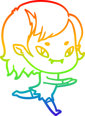 Orijinal gökkuşağı gradyan çizimi. Çizgi film dostu vampir kız koşuyor.