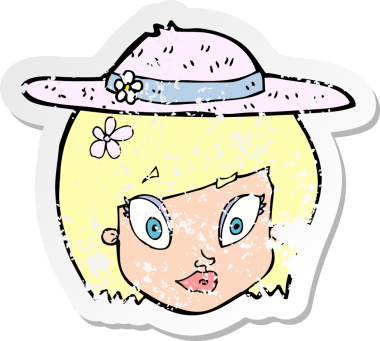 Yazlık şapka takan bir karikatür kadının eski moda sıkıntılı çıkartması.