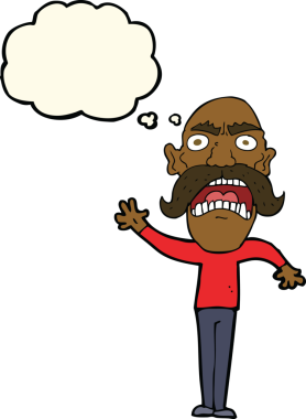 Düşünce baloncuğu olan kızgın yaşlı adam.