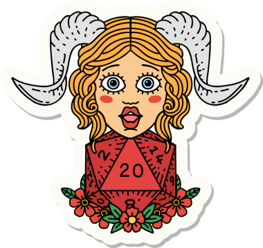 D20 doğal yirmilik zarla yapıştırılmış orijinal etiket.