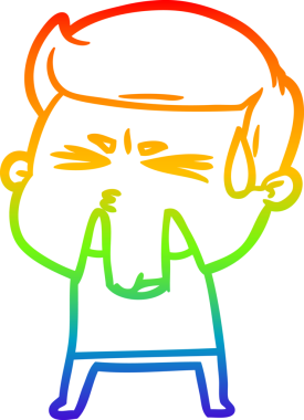 Orijinal gökkuşağı gradyan çizgi çizimi terleyen bir karikatür adamın