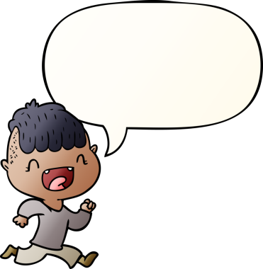 Orijinal çizgi film mutlu çocuk gülüyor ve konuşma baloncuğuyla kaçıyor.