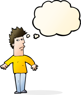 Düşünce baloncuğu olan endişeli adam.